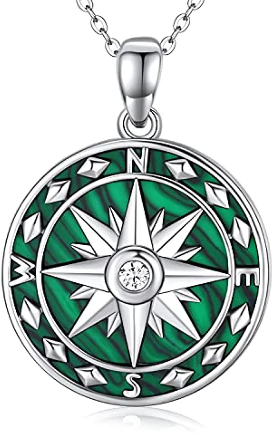 Compass Necklace for Women Sterling Silver Malachite Abalone Shell Pendant Jewelry Graduation Gift for Men Teens