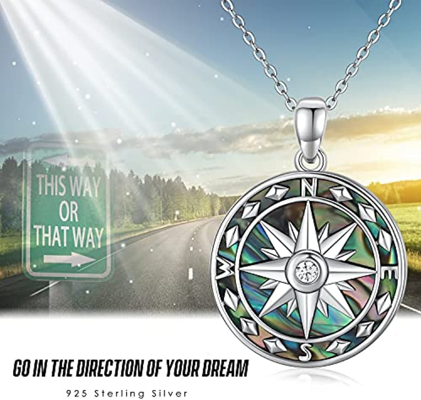 Compass Necklace for Women Sterling Silver Malachite Abalone Shell Pendant Jewelry Graduation Gift for Men Teens