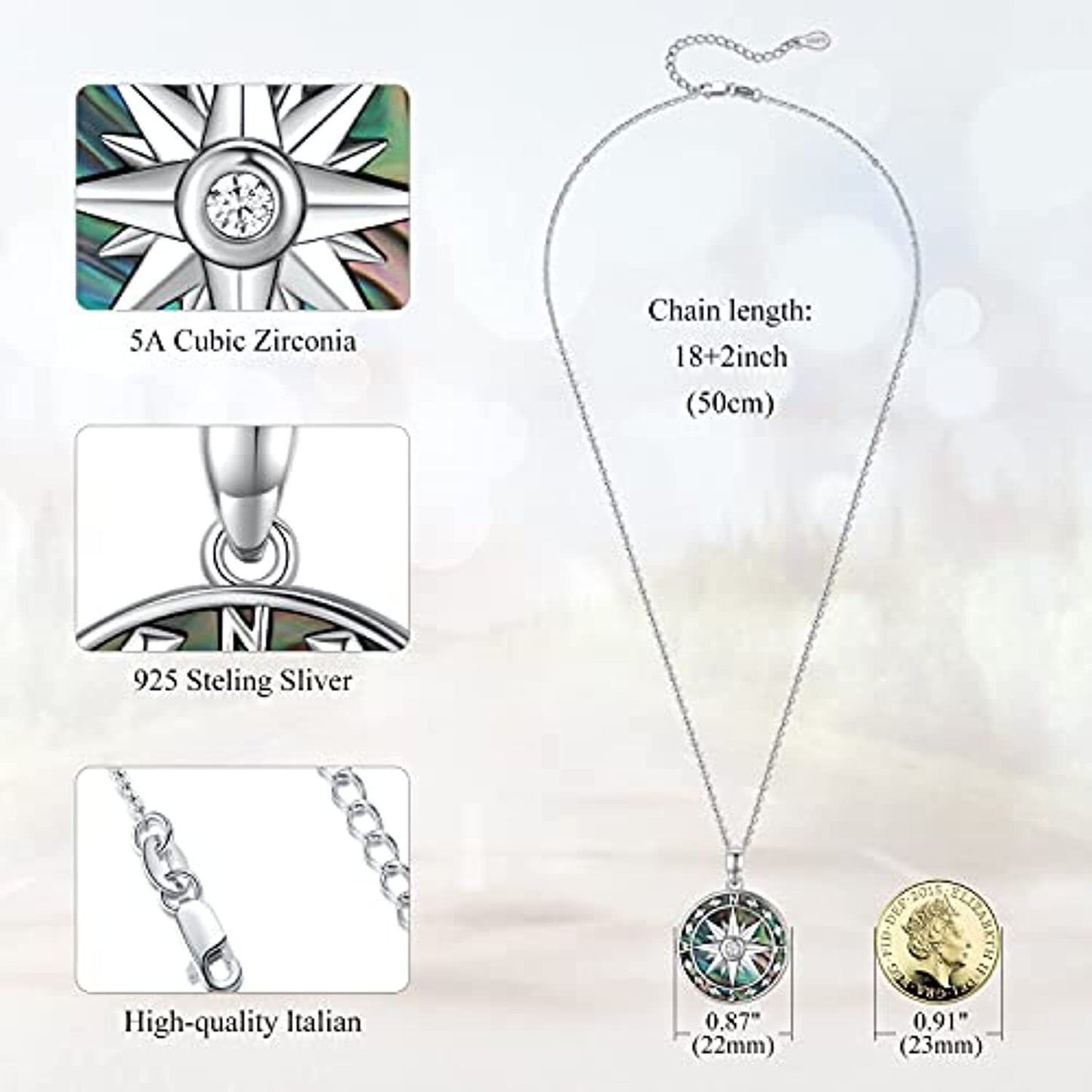 Compass Necklace for Women Sterling Silver Malachite Abalone Shell Pendant Jewelry Graduation Gift for Men Teens